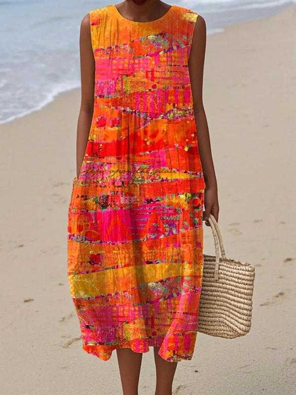 Women's Vintage Abstract Geometry Art Print Sleeveless Pocket Wrap Dress