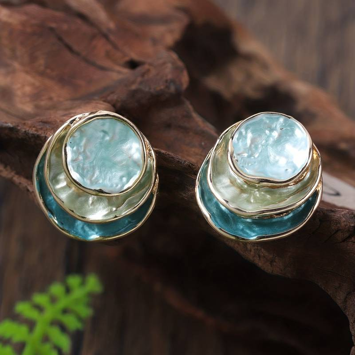 Ocean Hand-Painted Layered Round Earrings